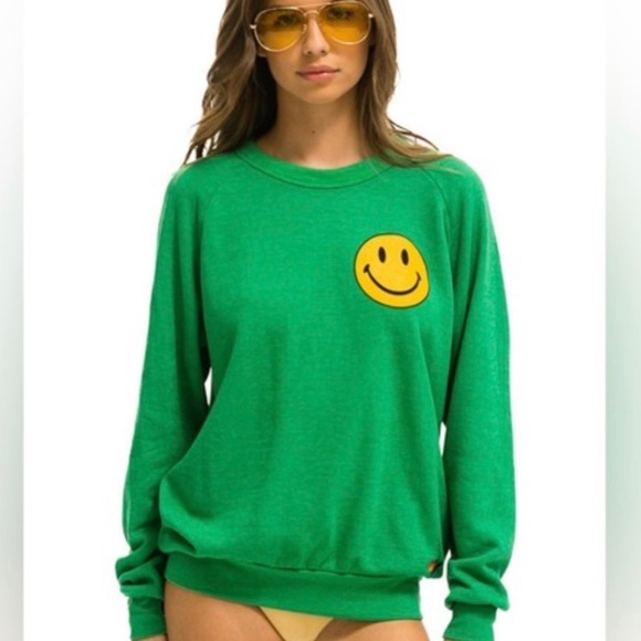 Tops - Aviator Nation Smiley Crew Sweatshirt in Kelly Green